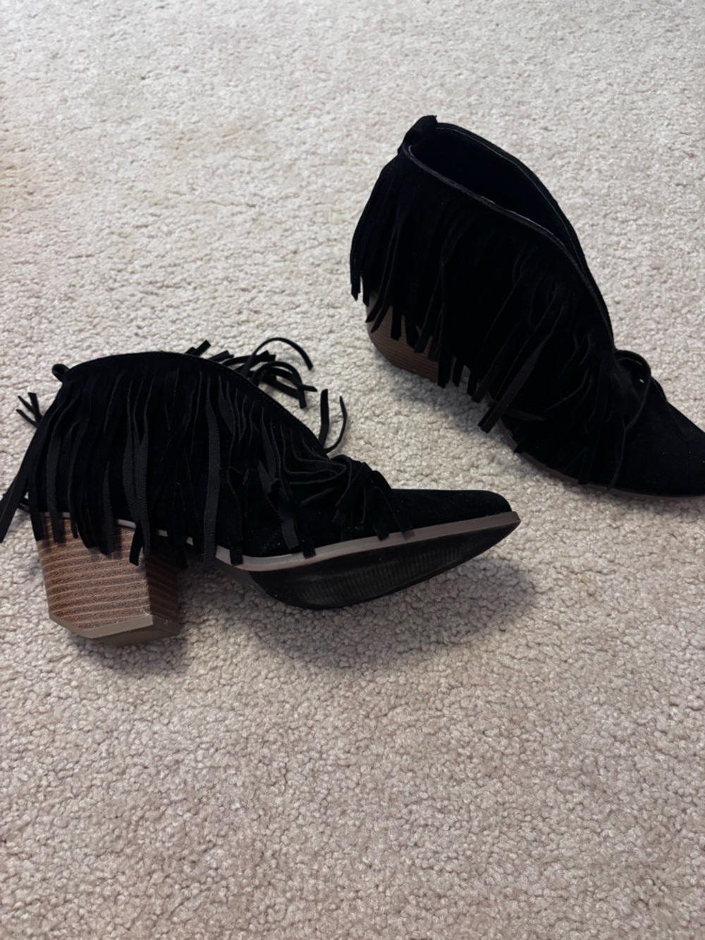 BEAST FASHION Black Suede Fringe Block Heel Booties